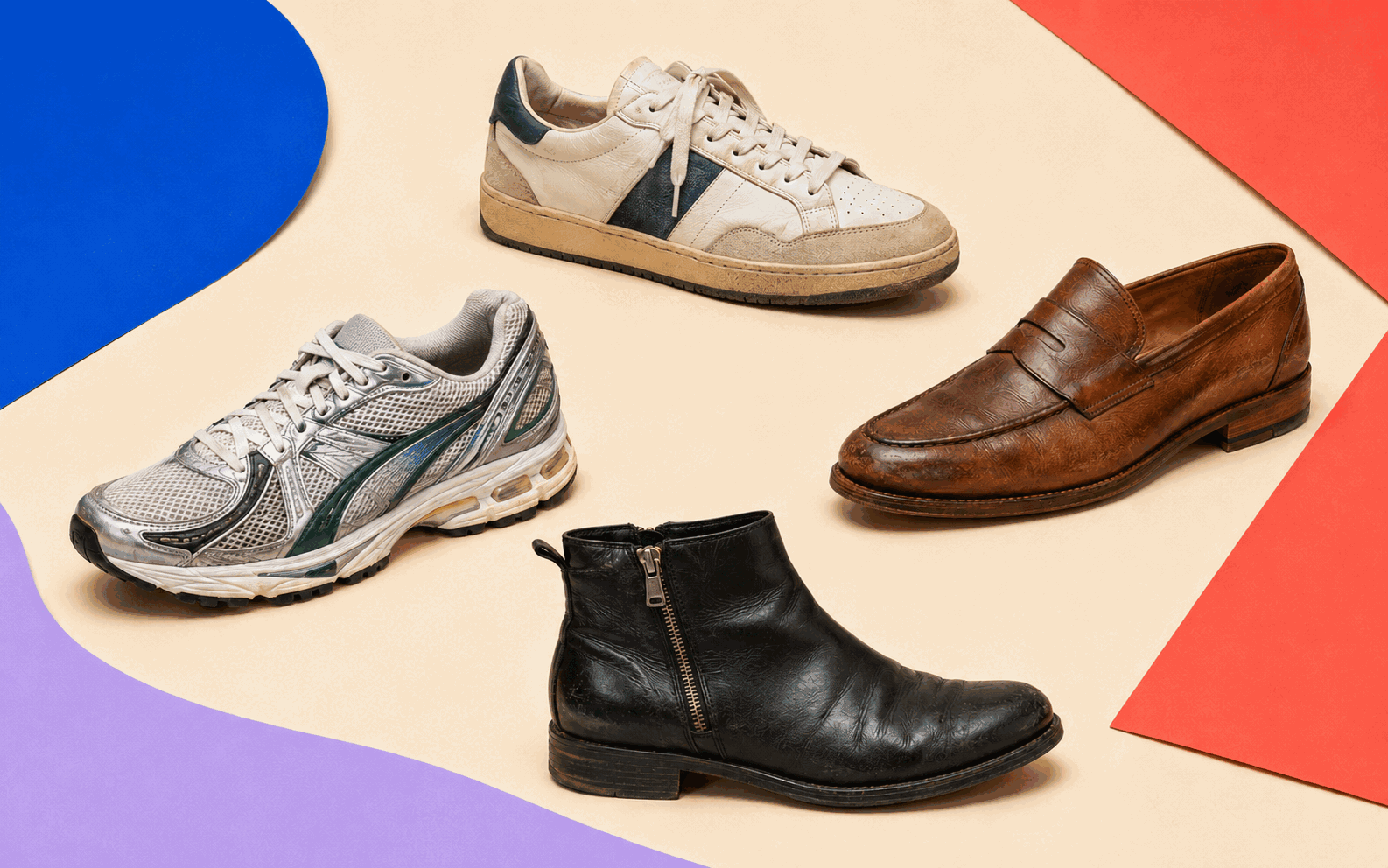 A curated mix of pre-owned sneakers, running shoes, loafers, and boots
